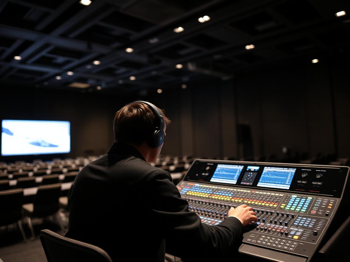 Tecnico audio al banco digitale nel fondo sala durante una conferenza