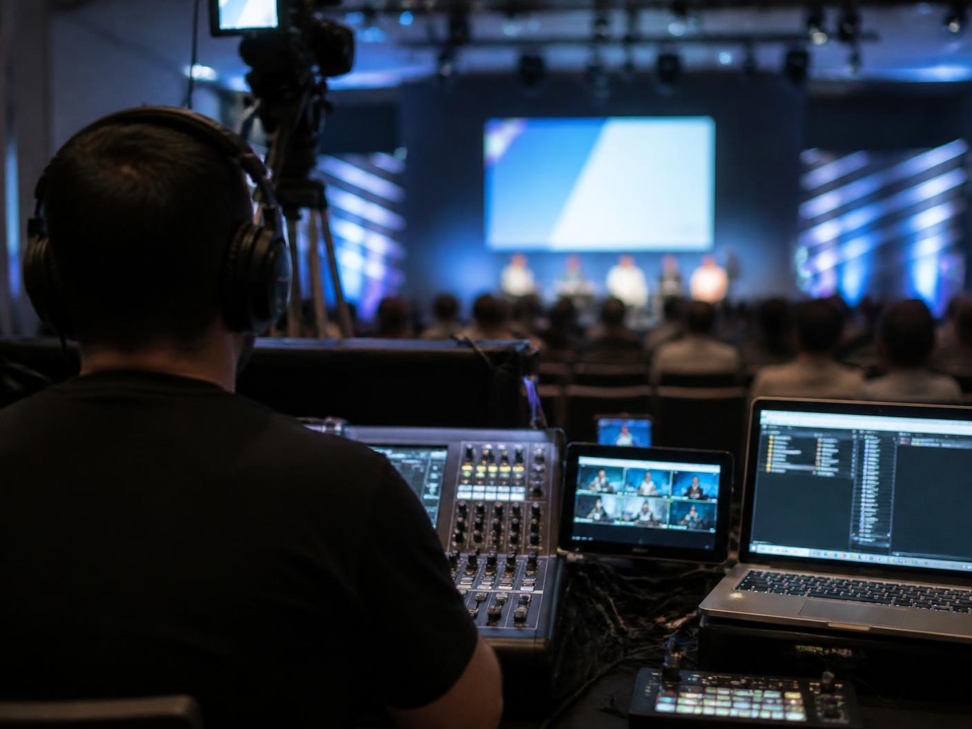 Tecnico alla regia audio e video nel fondo sala durante una conferenza aziendale